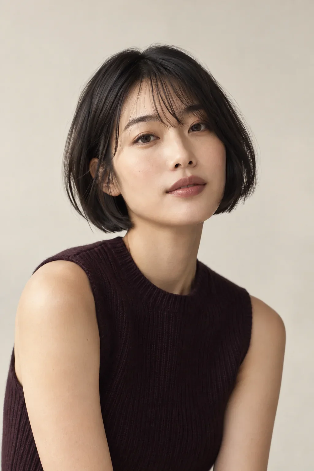 A woman with a dark jaw-length bob and wispy fringe wearing an aubergine knit.