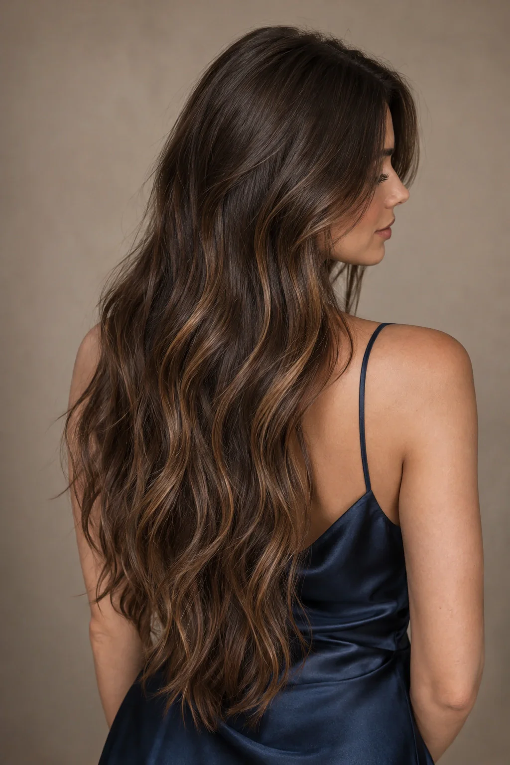 Rear three-quarter view of long espresso-brown waves with fine caramel ribbons above a navy satin top.