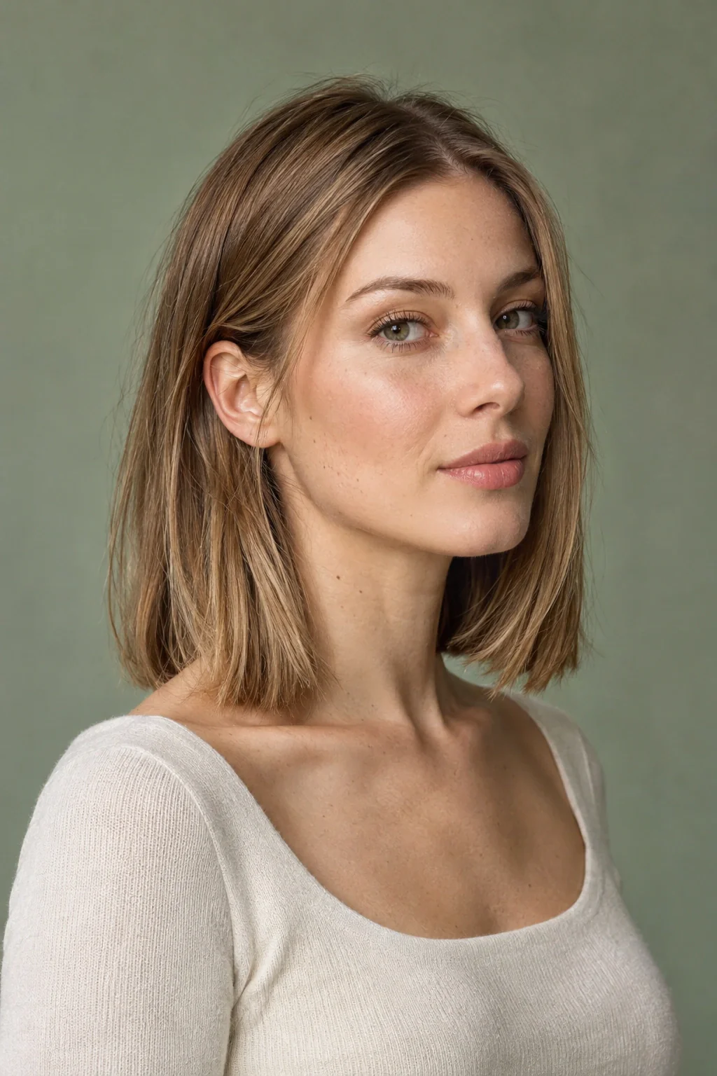 A young woman with a clean dark-blonde bob, an open forehead and an ivory knit top against sage.