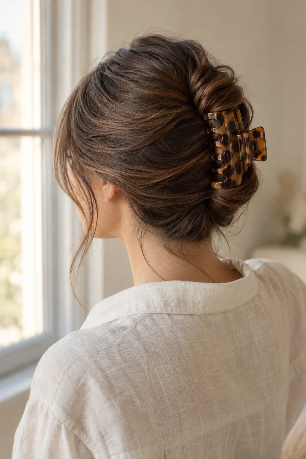 A back three-quarter view of a young woman’s brunette hair twisted into a French claw clip above a cream linen shirt.