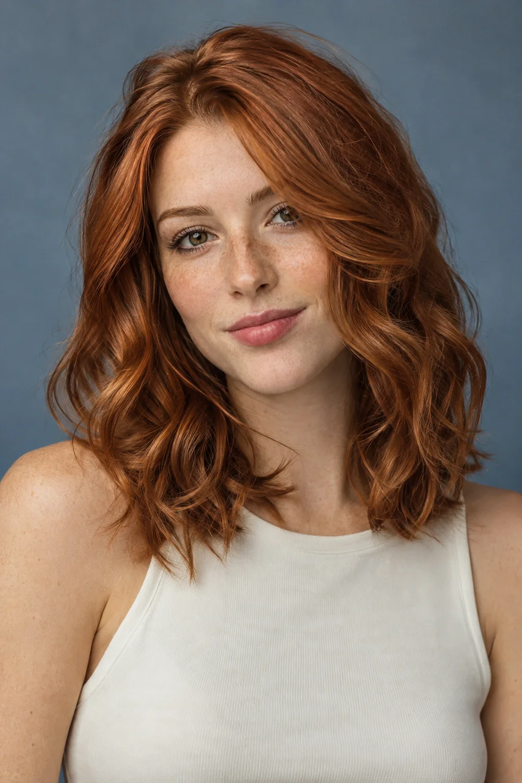 A young freckled woman with glossy ginger-copper shoulder-length waves and an ivory sleeveless top against blue-gray.