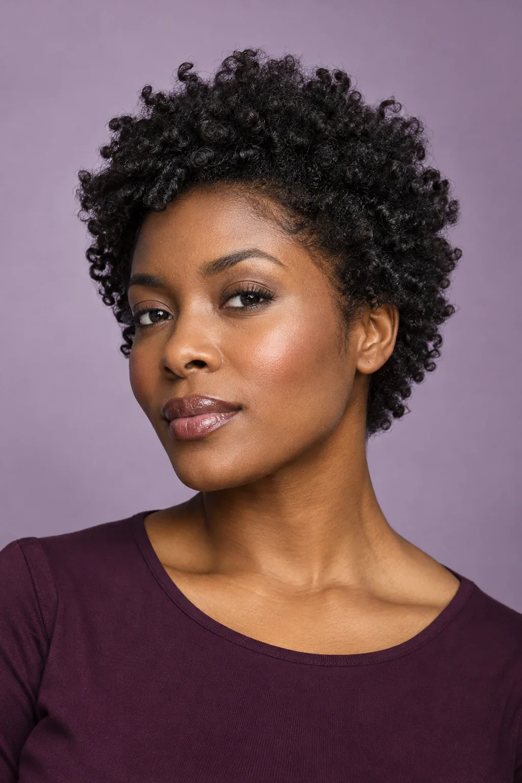 A woman with short sculpted natural curls and a plum shirt against a lilac background.