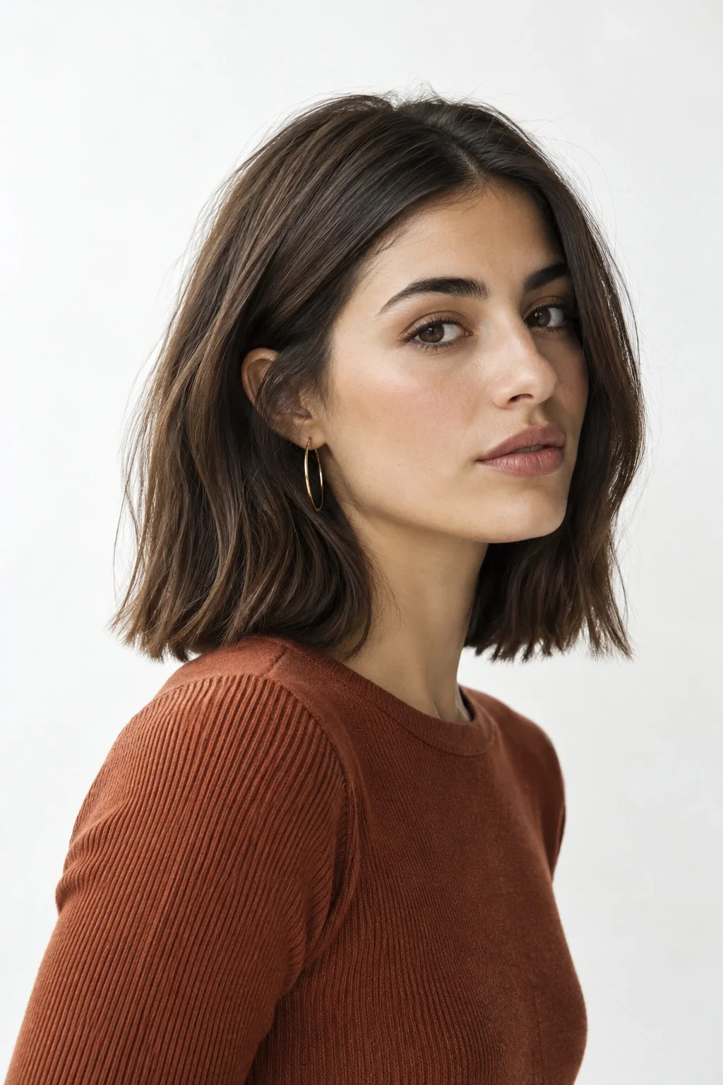 A young woman with a smooth chocolate-brown bob, gold hoop earrings and a rust knit top.