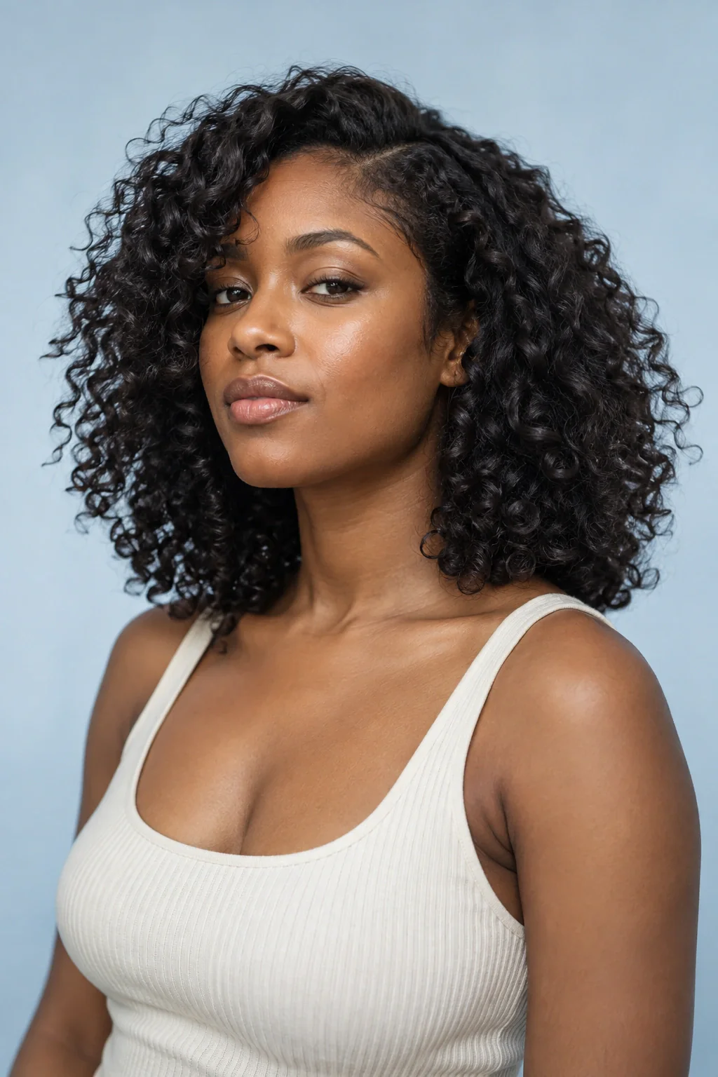 A young woman with shoulder-length defined black curls and a cream ribbed top against pale blue.