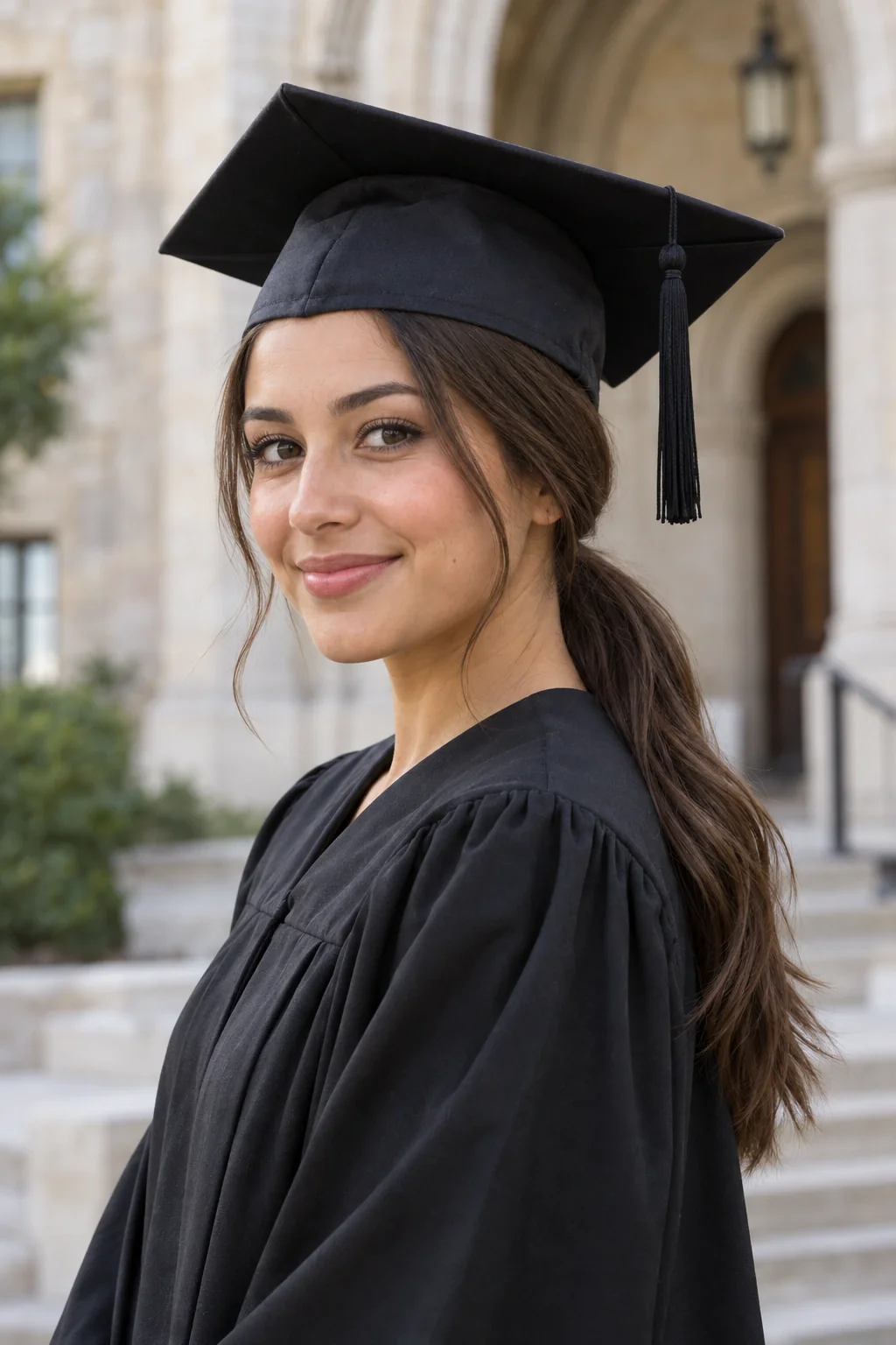 A young woman in a plain black graduation cap and gown with a long brunette ponytail tied low beneath the cap.
