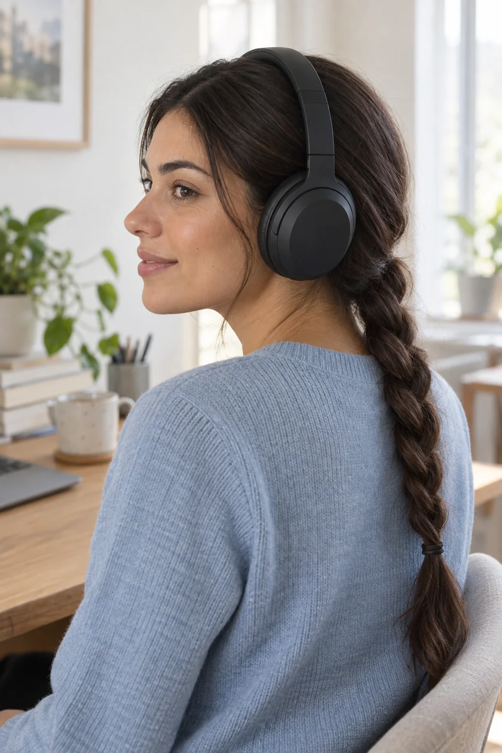 A young woman in a light blue sweater wearing black over-ear headphones above a low brunette braid.