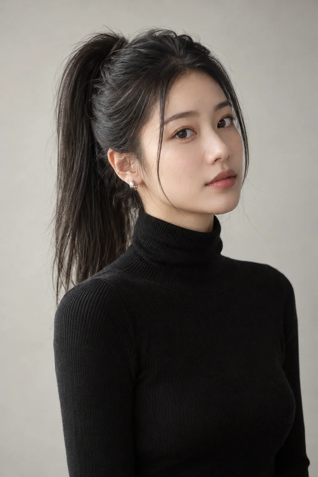 A young woman with a black high ponytail, loose front pieces and a black turtleneck.