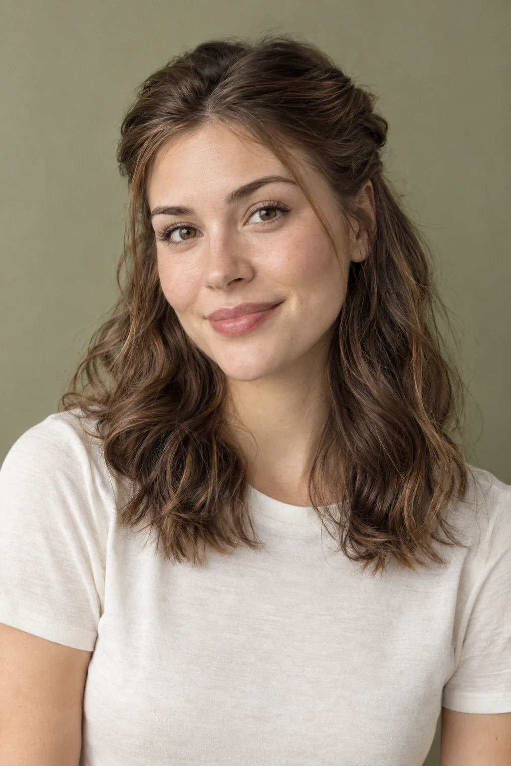 A young woman with shoulder-length chestnut waves and pinned-back temple sections in an ivory T-shirt.