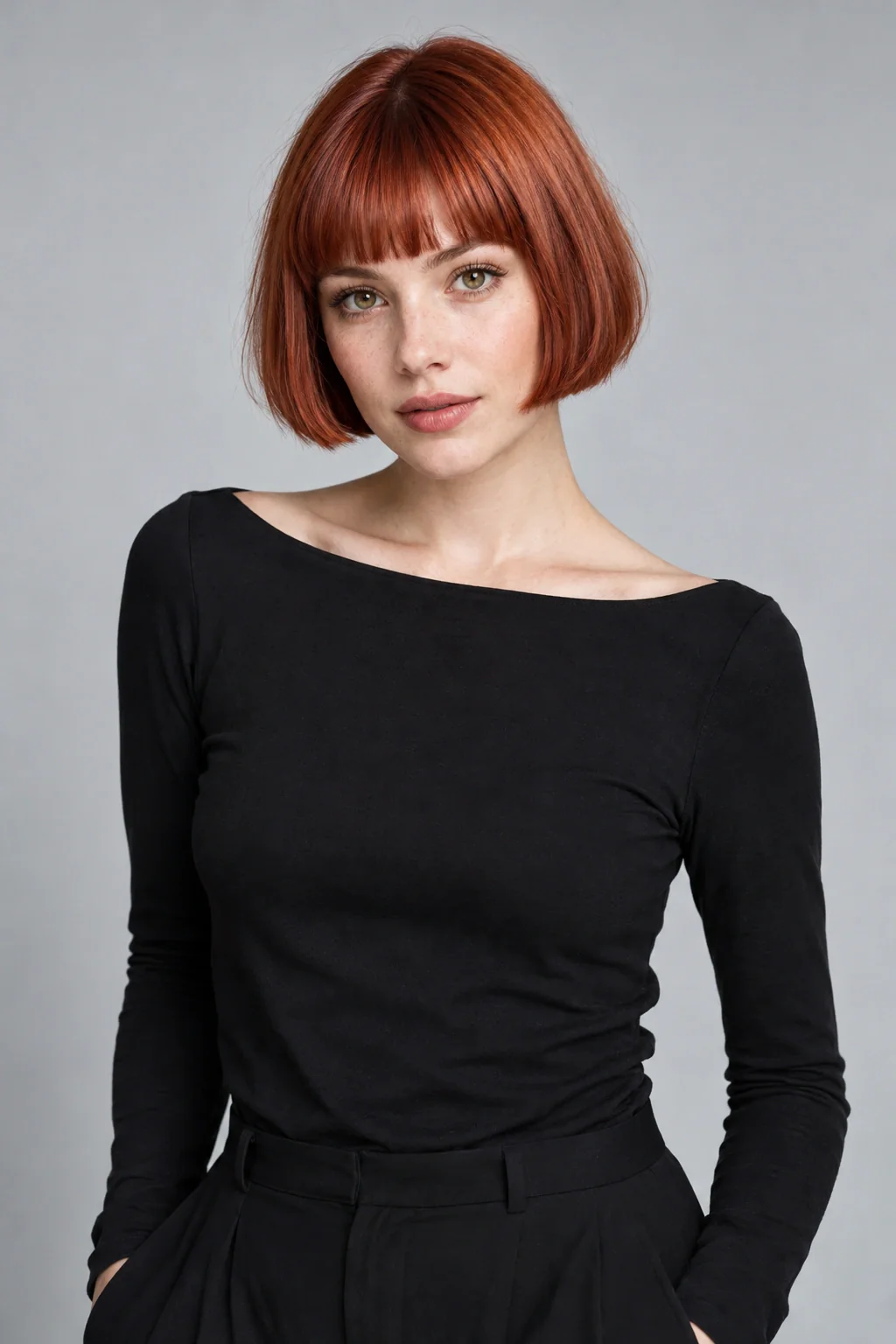 A young woman with a vivid red blunt micro bob and short straight bangs wearing a black top against a cool gray backdrop.