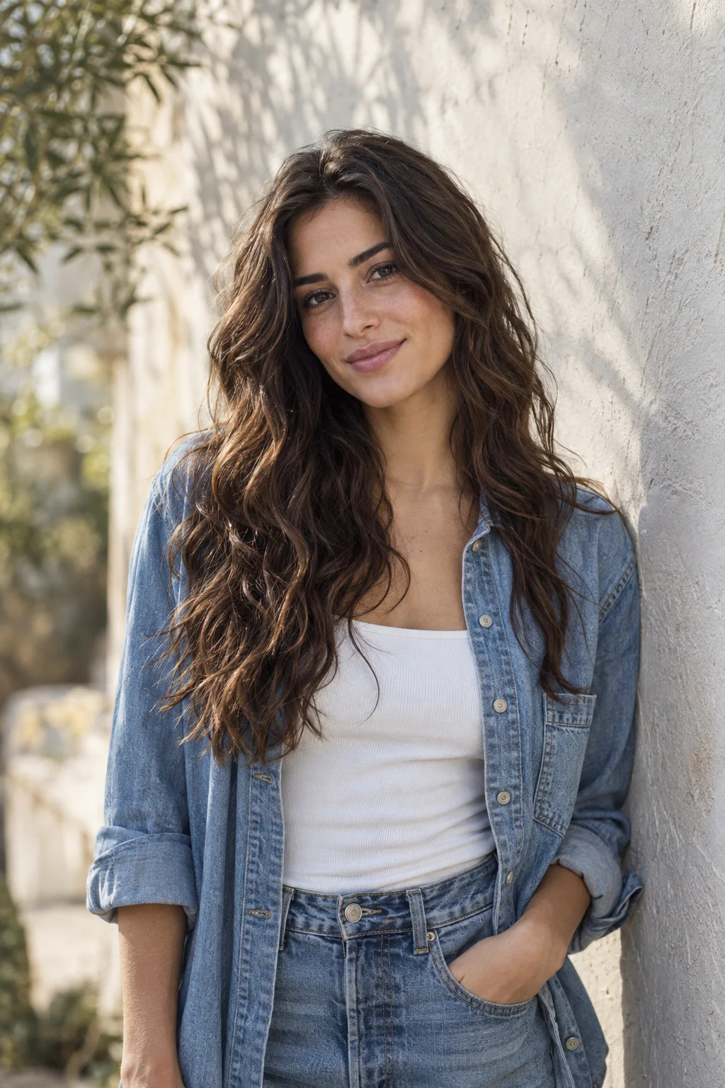 A young woman with long air-dried brunette waves in a denim shirt beside a sunlit pale wall.