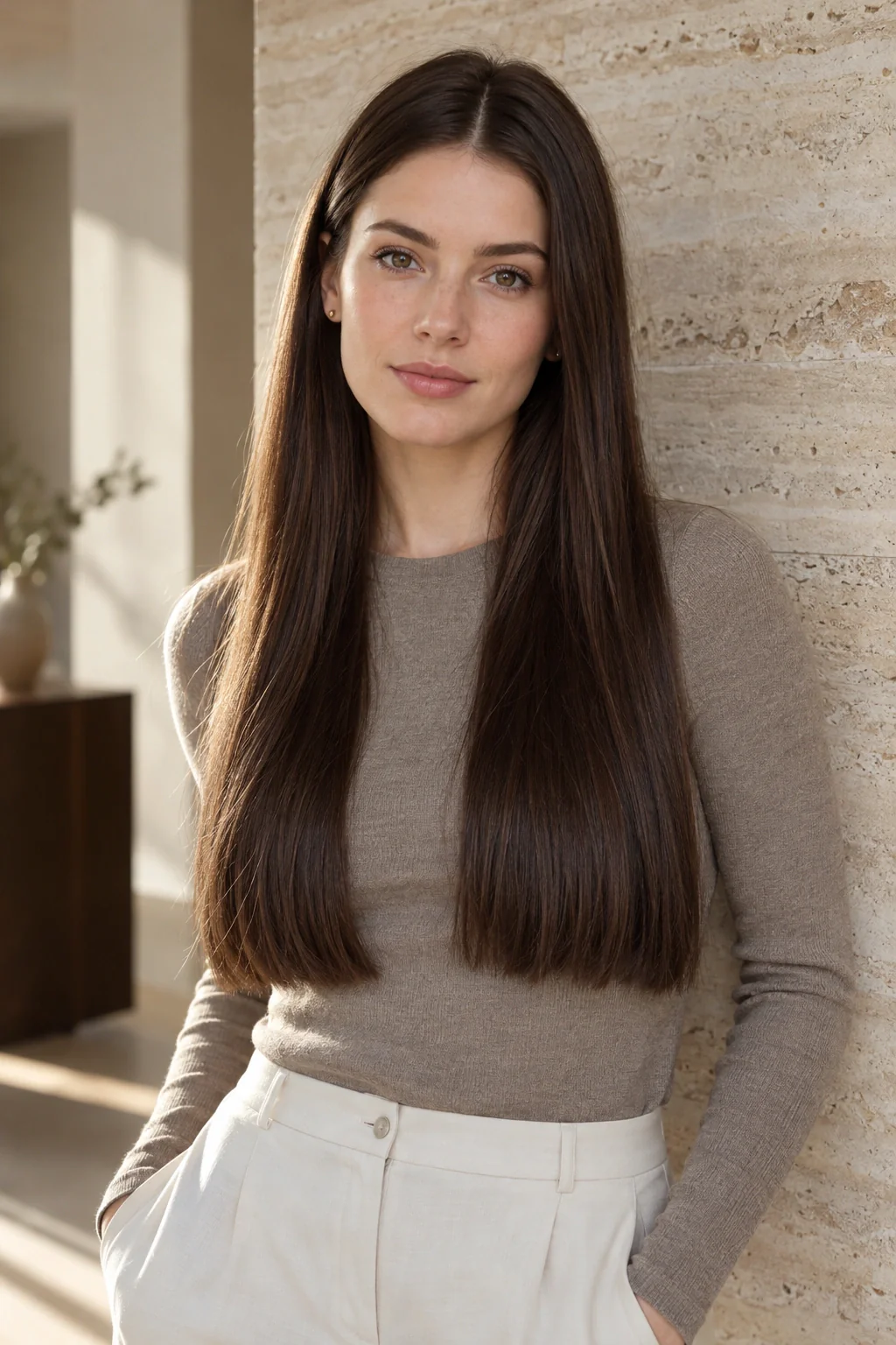 A young woman with long center-parted straight dark-brown hair in a taupe knit top beside a warm stone wall.