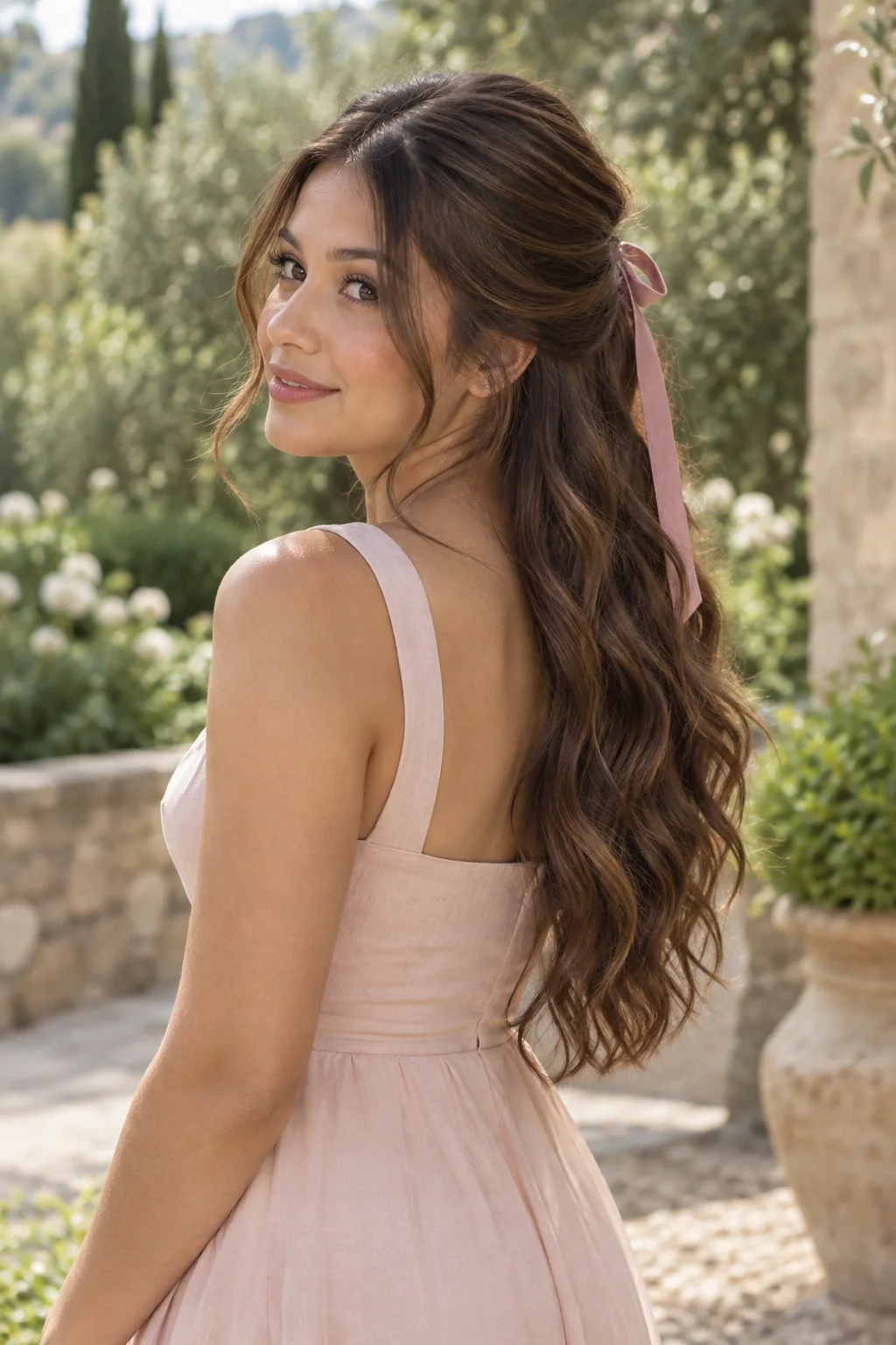 A young woman with long chestnut waves gathered half-up with a rose ribbon in a sunlit garden.