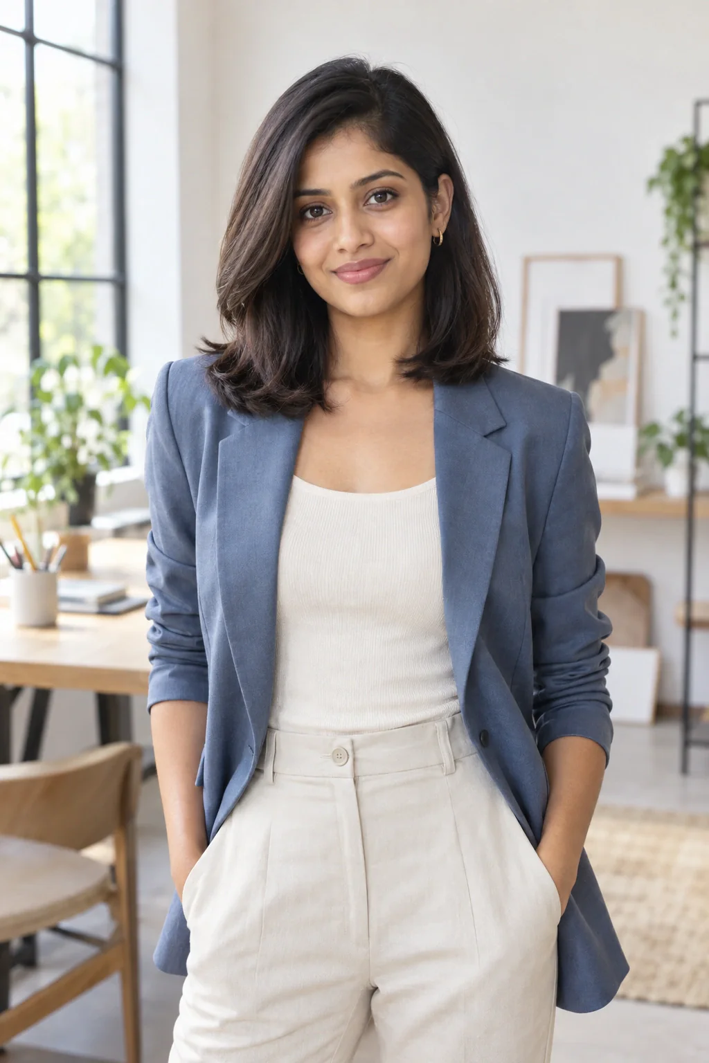 A young South Asian woman with smooth side-parted dark hair, a muted blue blazer and a cream top in a bright work studio.