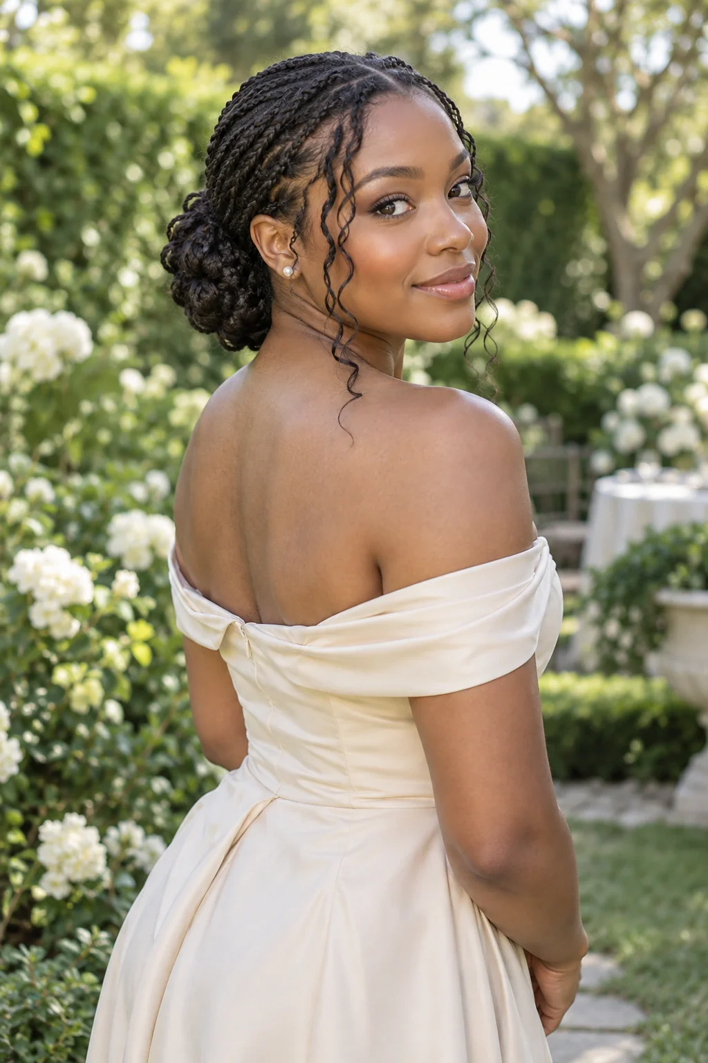 A young Black woman with a braided low bun, loose face-framing curls and a cream off-shoulder dress at a garden celebration.
