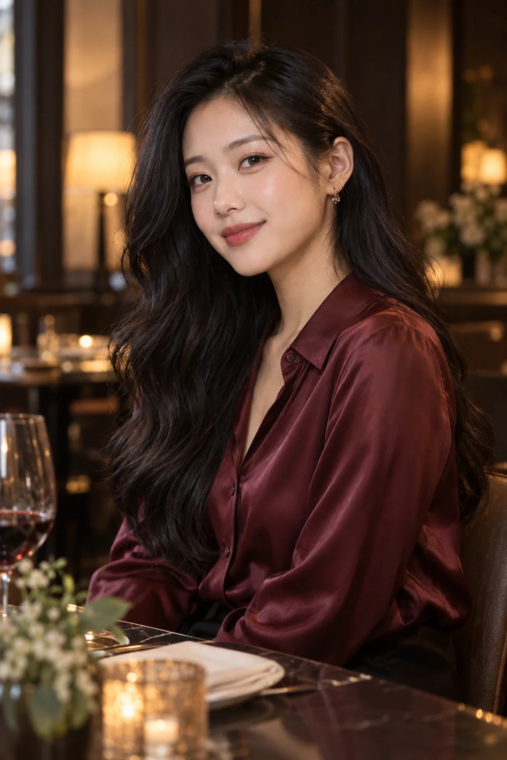 A young East Asian woman with long glossy black waves and a burgundy silk shirt in a softly lit restaurant.