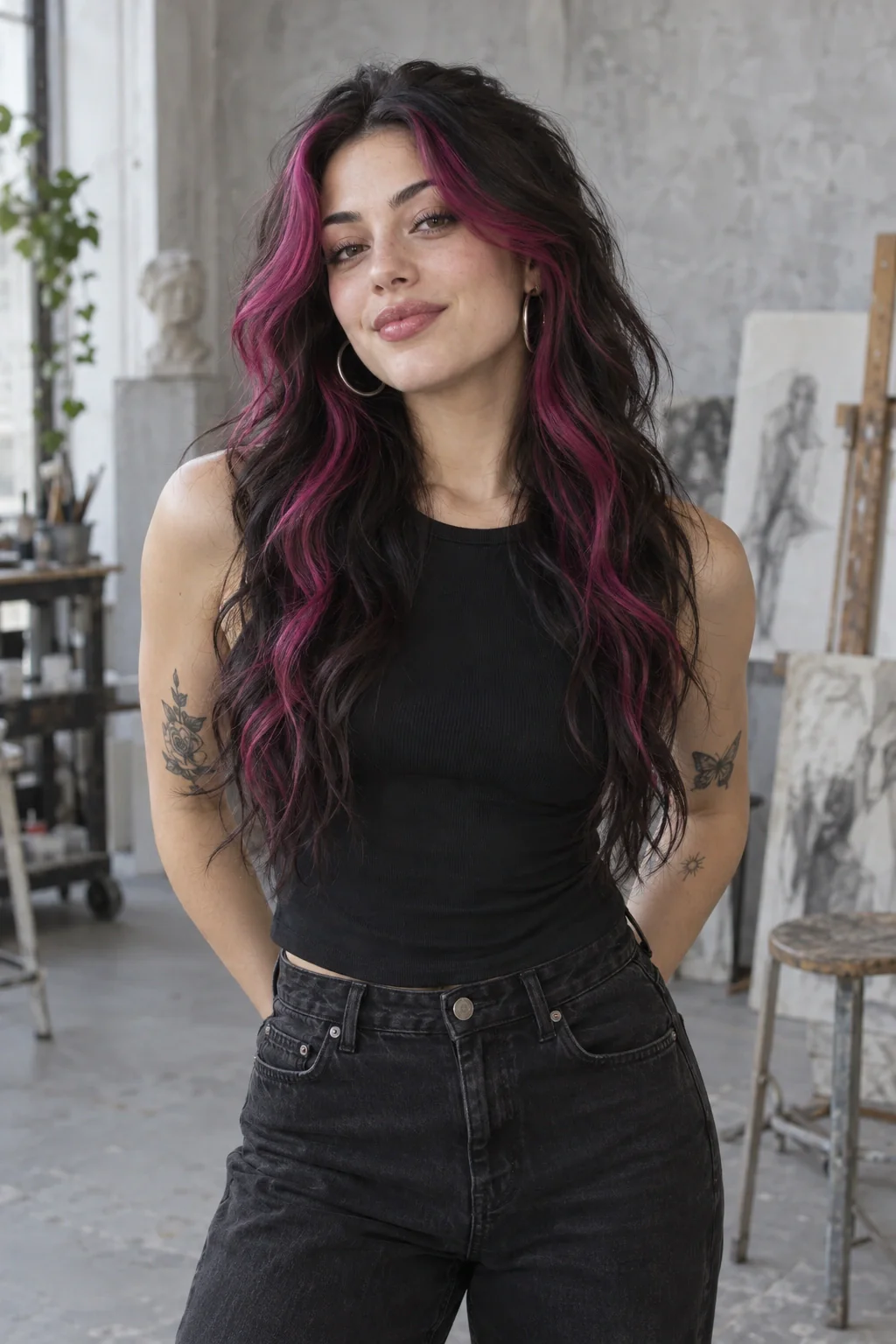 A young woman with long textured dark waves, magenta face-framing color, silver hoops and a black top in a gray art studio.