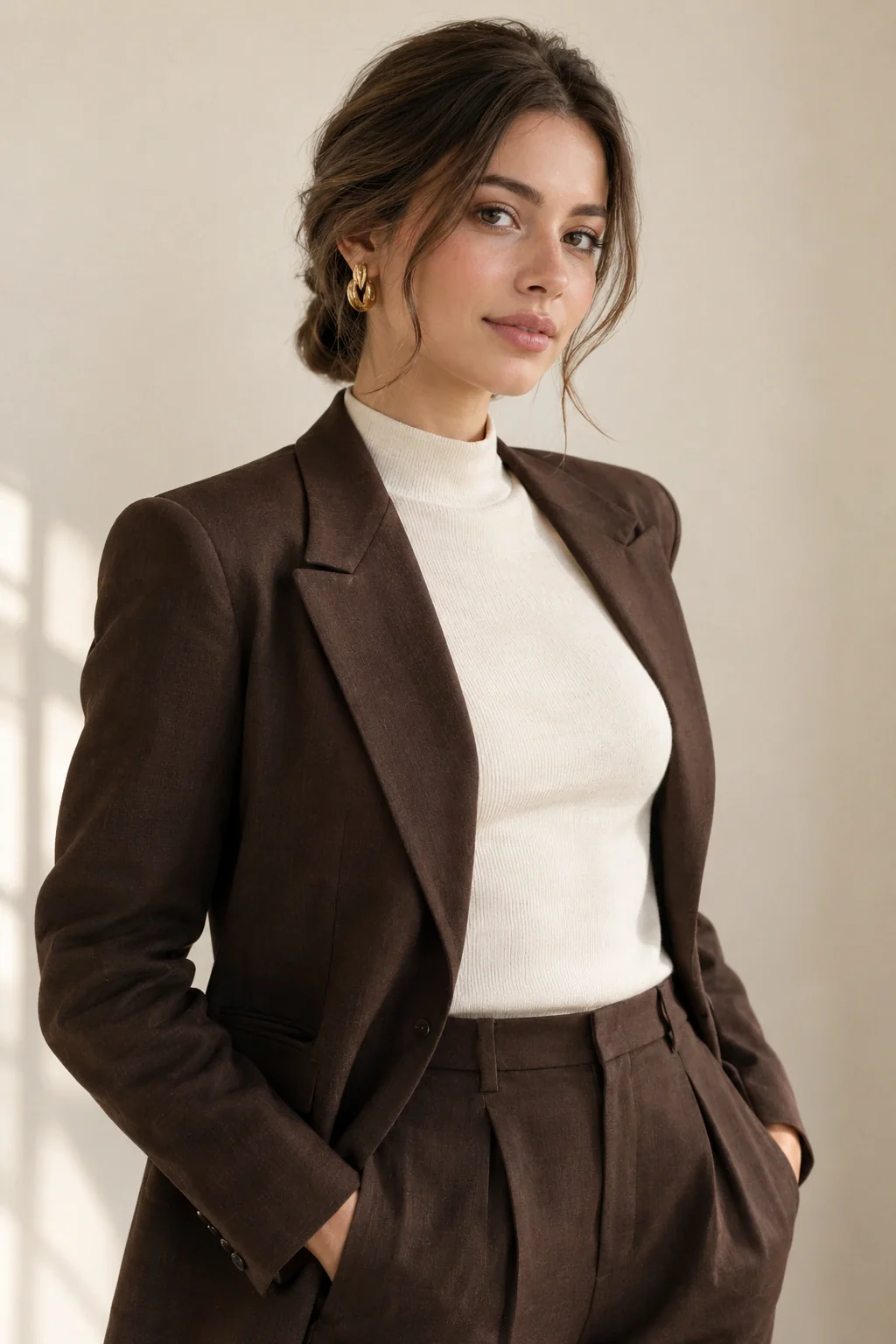 A young woman with a soft brunette low twist, gold earrings and a chocolate blazer over an ivory high-neck top.