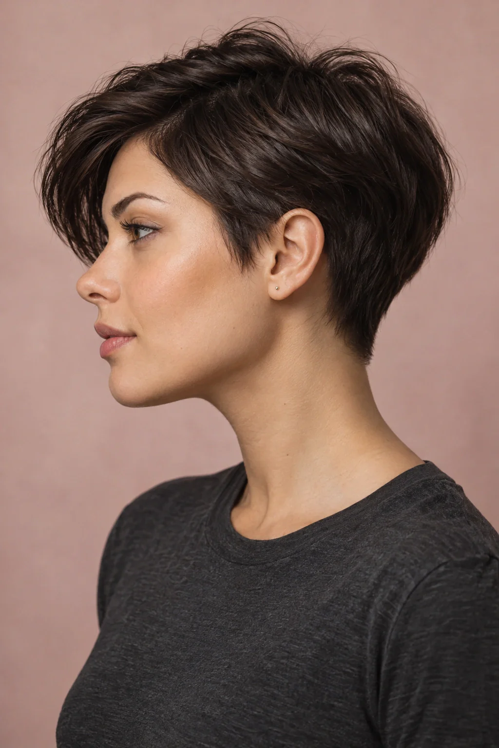 A young woman in side profile with a dark short pixie, longer swept front, and a charcoal top against dusty pink.