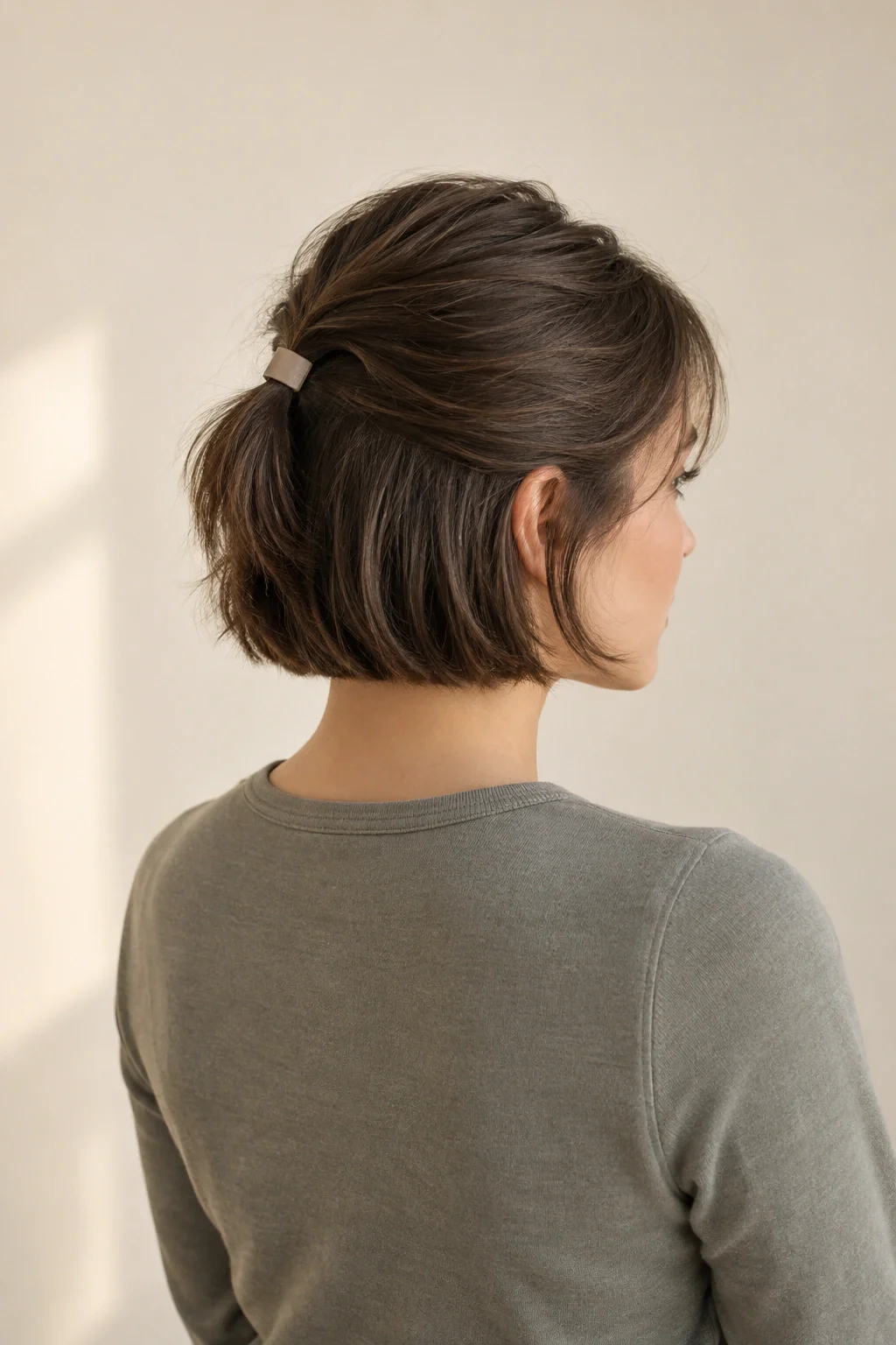 A young woman seen from behind with a chin-length brunette bob, its crown section held half-up by a small neutral clip.