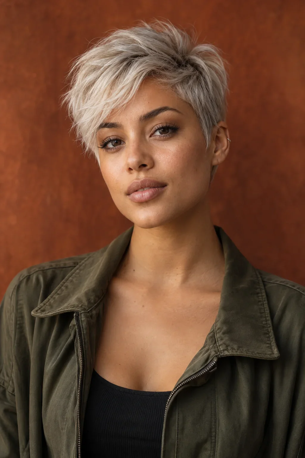 A young woman with a platinum-silver pixie, a longer swept front and an olive jacket.