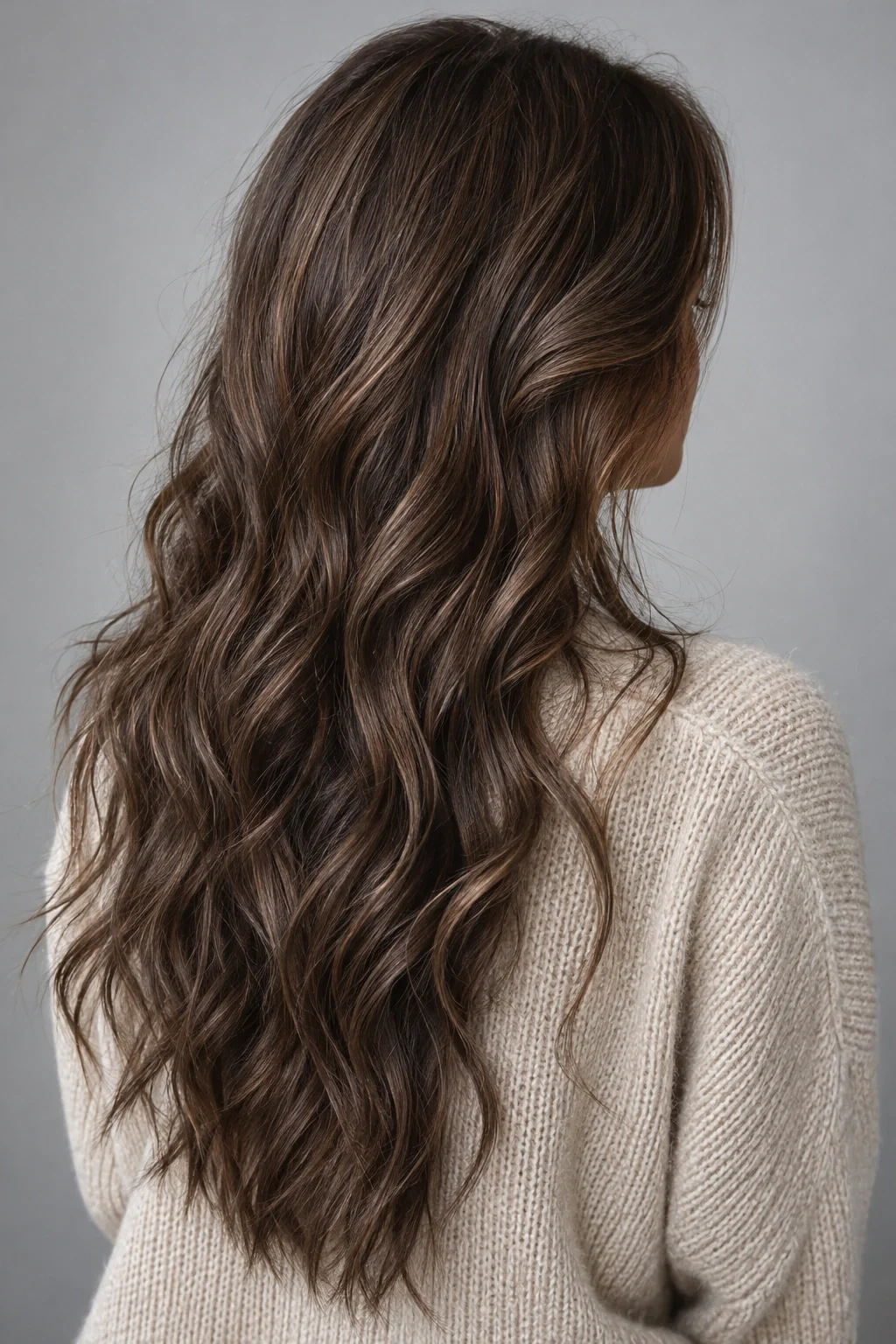 A back three-quarter view of a young woman with long dark-chestnut loose waves over an oatmeal knit top.