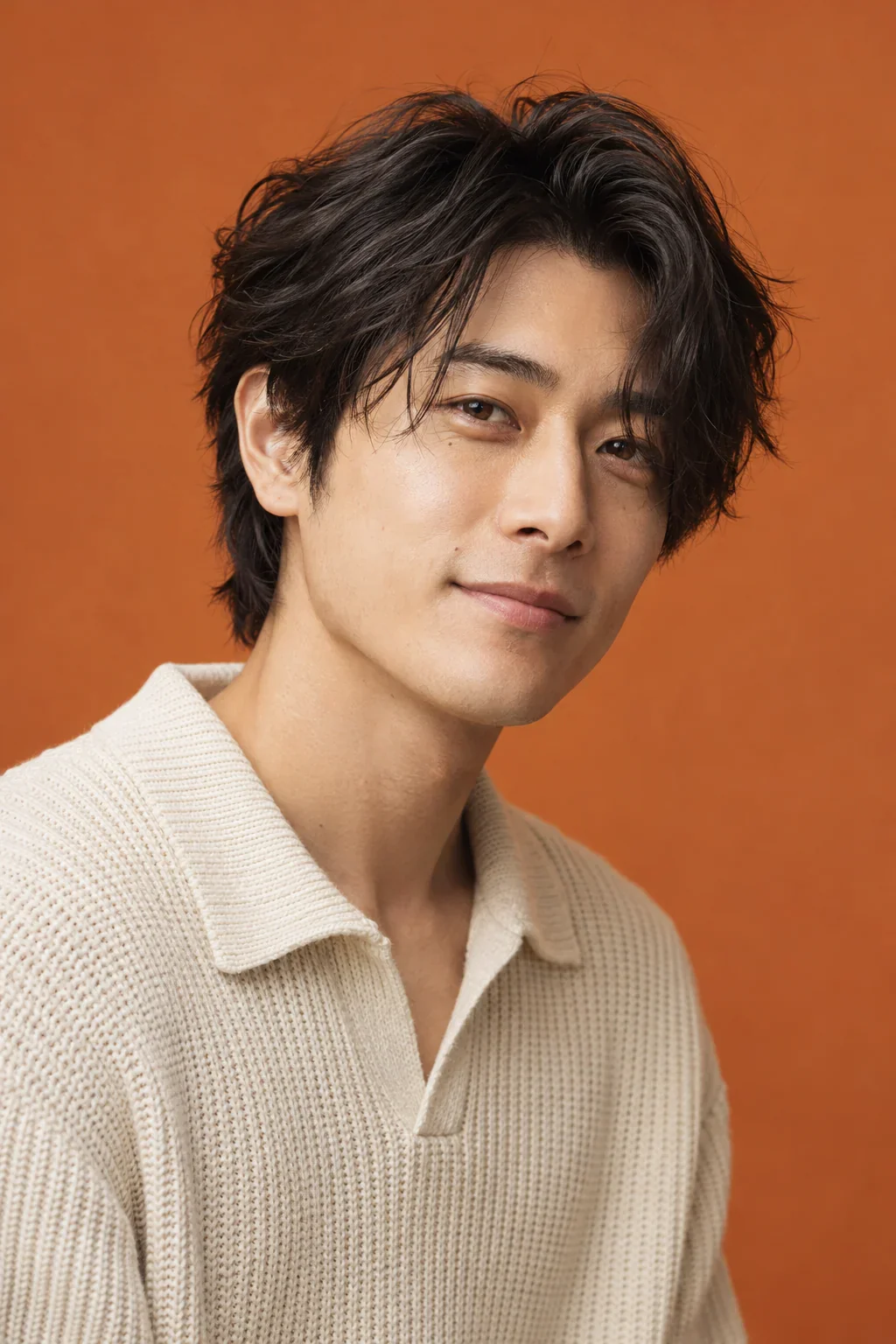 A man with softly tousled dark hair and a cream knit shirt against a rust background.