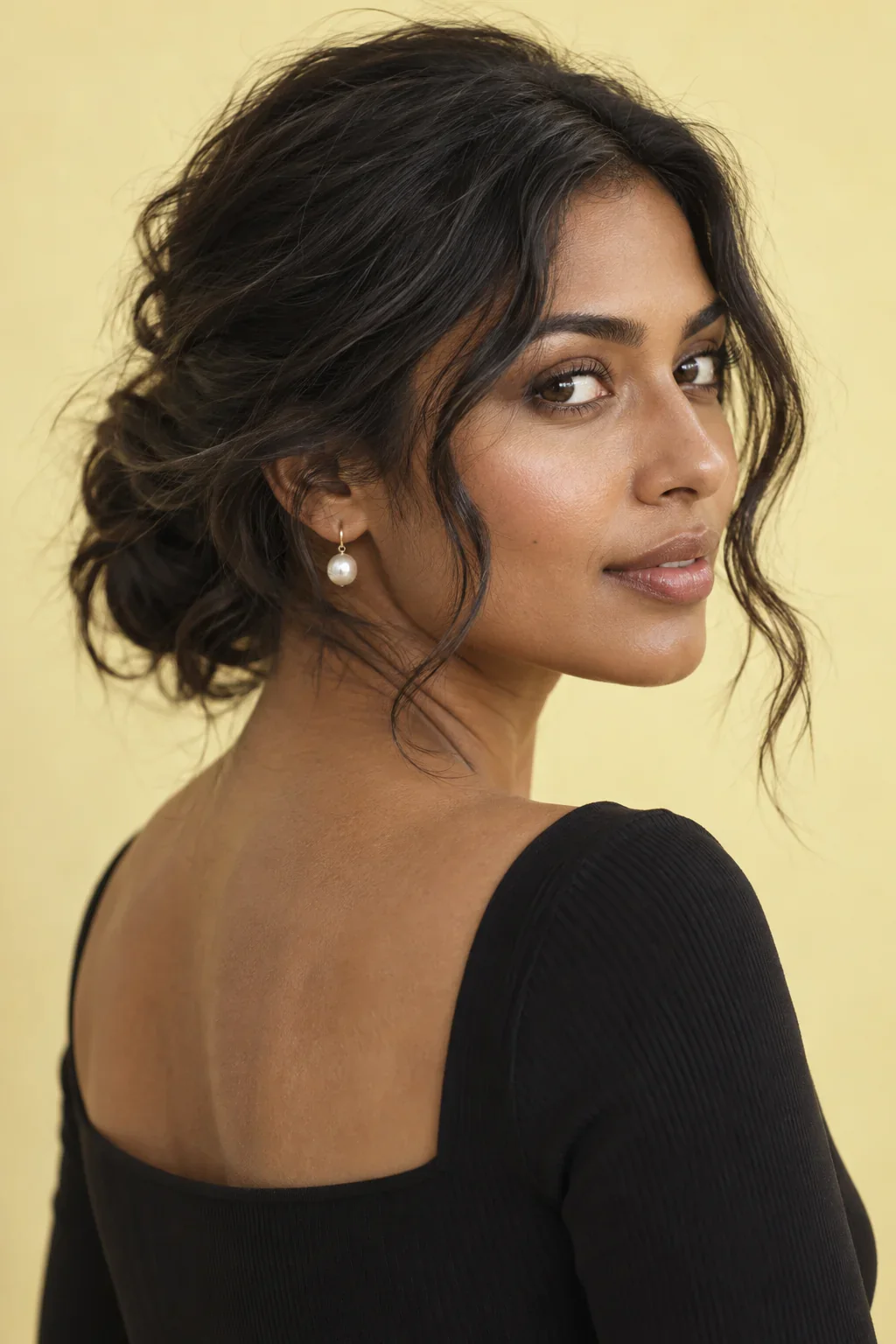 A young woman with a soft brunette low twist, pearl earrings and a black top.